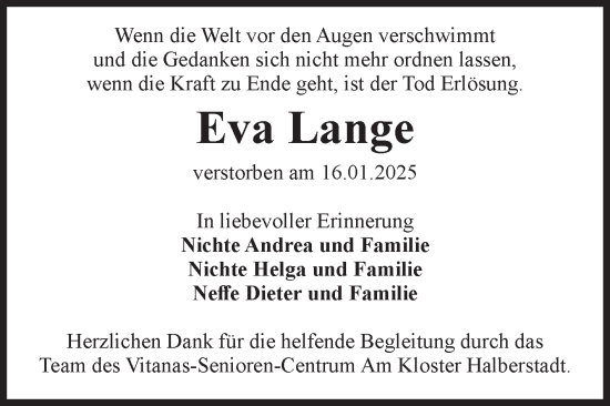 Traueranzeige von Eva Lange von Volksstimme Halberstadt