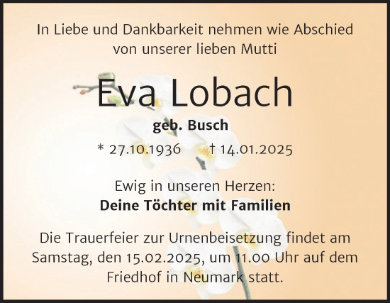 Traueranzeige von Eva Lobach von Trauerkombi Merseburg