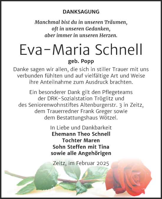 Traueranzeige von Eva-Maria Schnell von Trauerkombi Zeitz