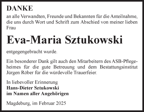 Traueranzeige von Eva-Maria Sztukowski von Volksstimme Magdeburg