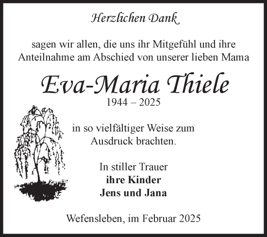 Traueranzeige von Eva-Maria Thiele von Volksstimme Oschersleben/Wanzleben