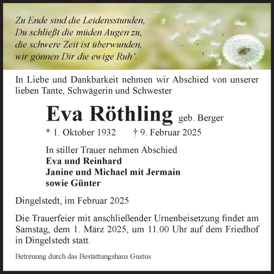 Traueranzeige von Eva Röthling von Volksstimme Halberstadt