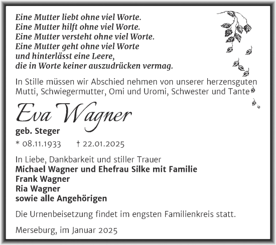 Traueranzeige von Eva Wagner von Trauerkombi Merseburg