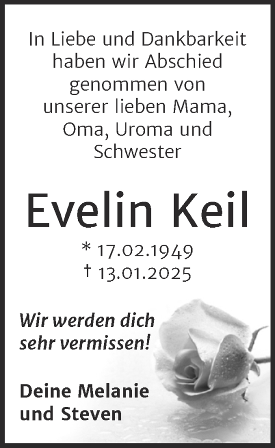 Traueranzeige von Evelin Keil von Trauerkombi Quedlinburg