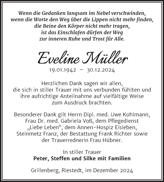 Traueranzeige von Eveline Müller von Trauerkombi Sangerhausen