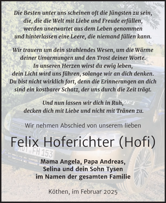 Traueranzeige von Felix Hoferichter von Trauerkombi Köthen