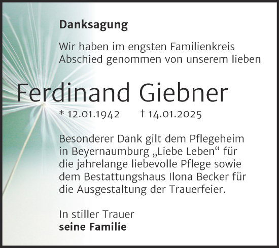 Traueranzeige von Ferdinand Giebner von Trauerkombi Sangerhausen