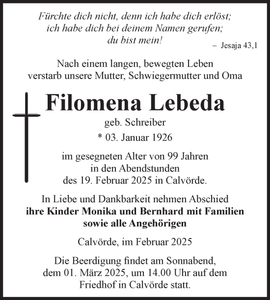 Traueranzeige von Filomena Lebeda von Volksstimme Haldensleben/Wolmirstedt