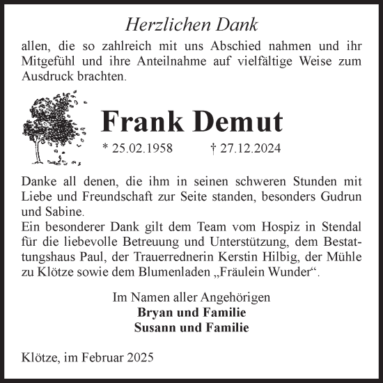 Traueranzeige von Frank Demut von Volksstimme Altmark West