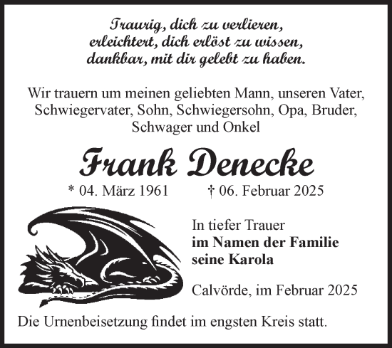 Traueranzeige von Frank Denecke von Volksstimme Haldensleben/Wolmirstedt