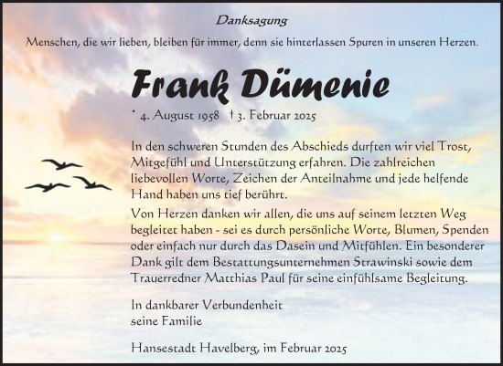 Traueranzeige von Frank Dümenie von Volksstimme Altmark Ost