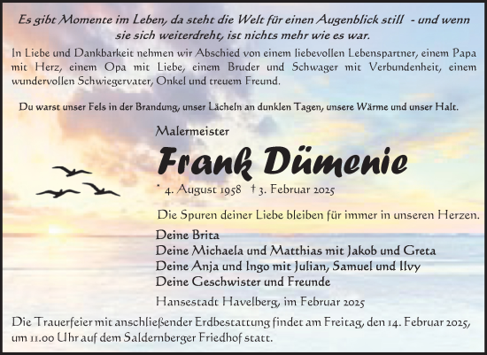 Traueranzeige von Frank Dümenie von Volksstimme Altmark Ost