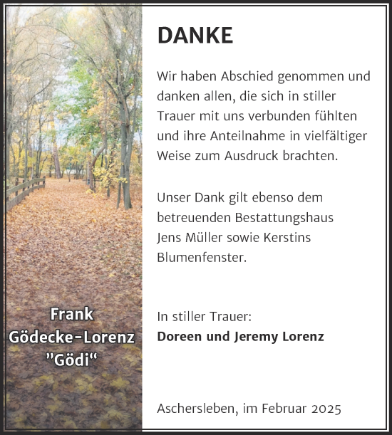 Traueranzeige von Frank Gödecke-Lorenz von Trauerkombi Aschersleben