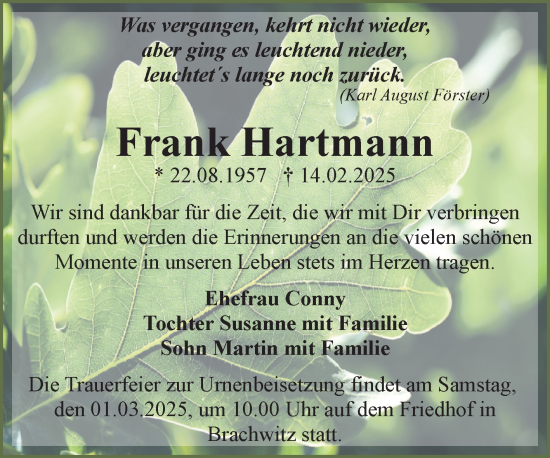 Traueranzeige von Frank Hartmann von Mitteldeutsche Zeitung Halle/Saalkreis