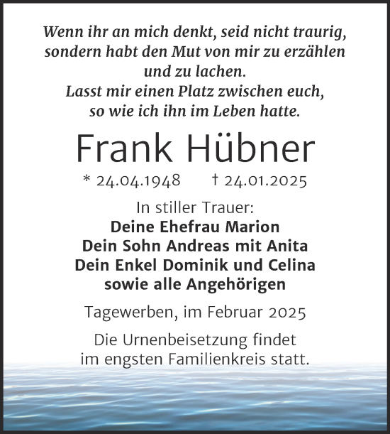 Traueranzeige von Frank Hübner von Trauerkombi Weißenfels