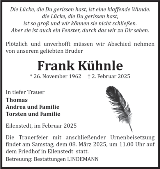 Traueranzeige von Frank Kühnle von Volksstimme Halberstadt