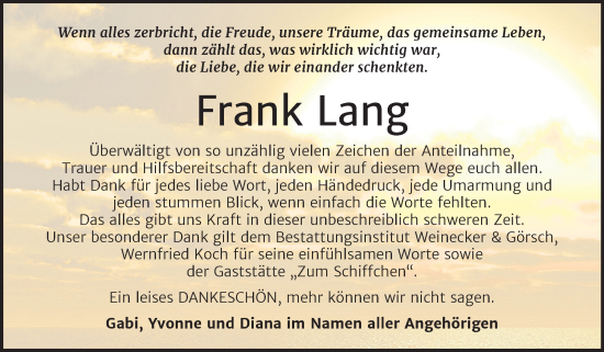 Traueranzeige von Frank Lang von Trauerkombi Bernburg