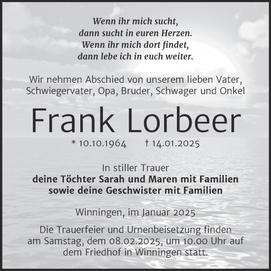 Traueranzeige von Frank Lorbeer von Trauerkombi Aschersleben