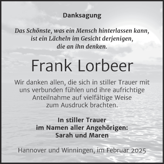 Traueranzeige von Frank Lorbeer von Trauerkombi Aschersleben