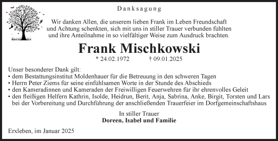 Traueranzeige von Frank Mischkowski von Volksstimme Altmark Ost