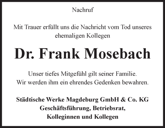Traueranzeige von Frank Mosebach von Volksstimme Magdeburg