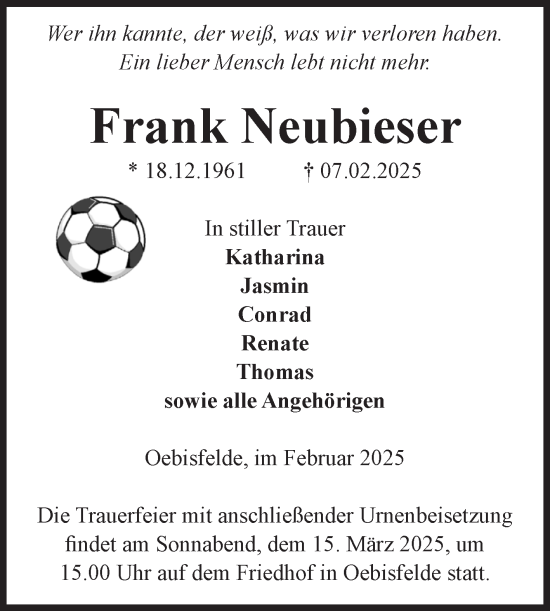 Traueranzeige von Frank Neubieser von Volksstimme Altmark West