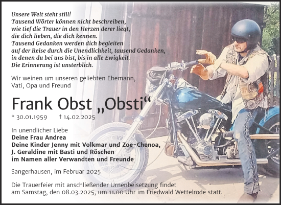 Traueranzeige von Frank Obst von Trauerkombi Sangerhausen