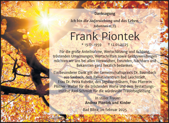 Traueranzeige von Frank Piontek von Super Sonntag Naumburg/Nebra