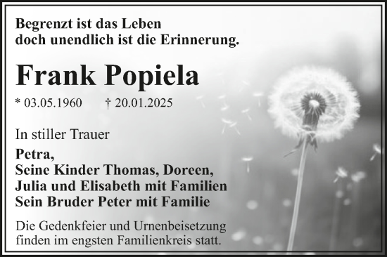 Traueranzeige von Frank Popiela von Trauerkombi Bitterfeld