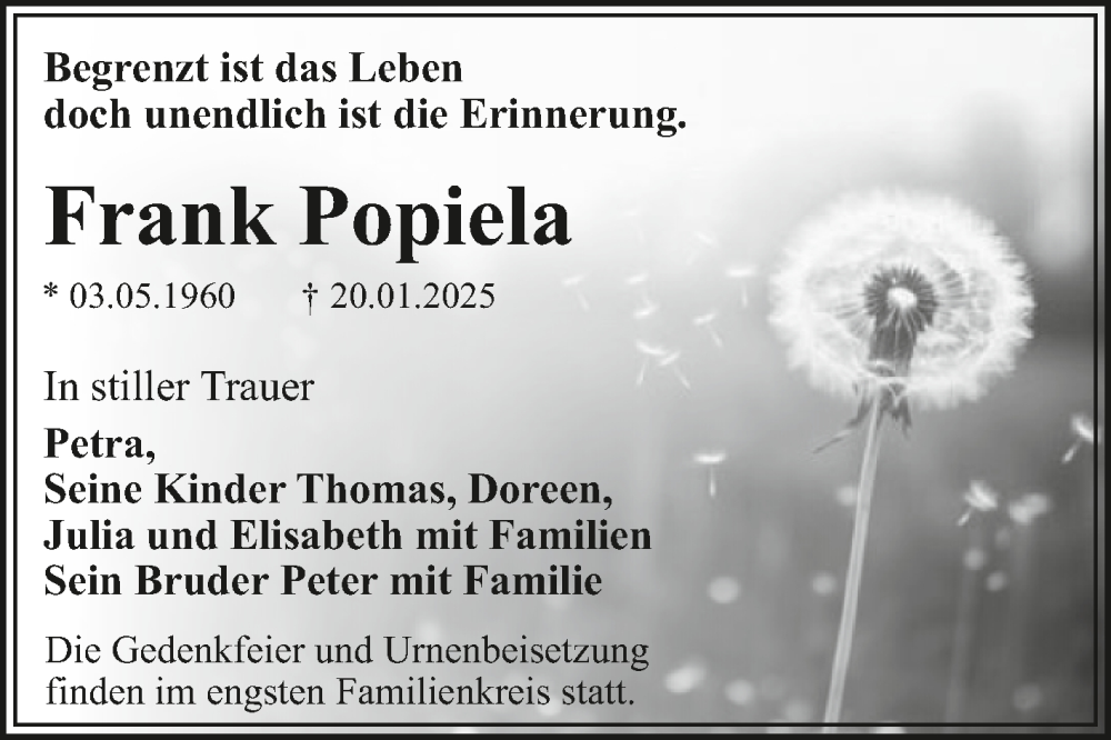  Traueranzeige für Frank Popiela vom 01.02.2025 aus Trauerkombi Bitterfeld