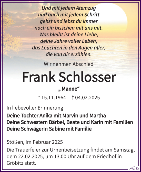 Traueranzeige von Frank Schlosser von Trauerkombi Weißenfels
