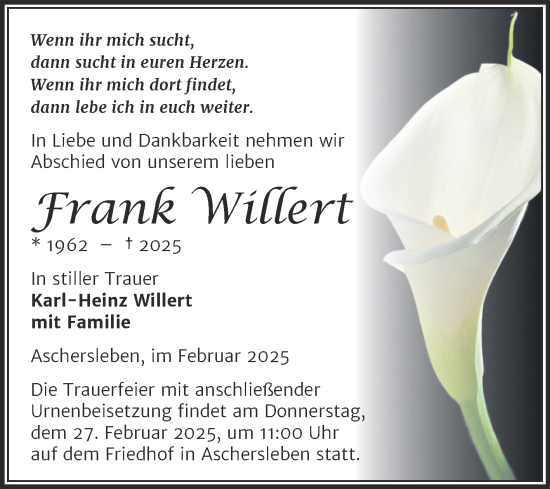 Traueranzeige von Frank Willert von Trauerkombi Aschersleben