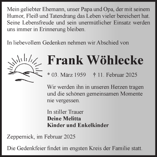 Traueranzeige von Frank Wöhlecke von Volksstimme Burg/Genthin