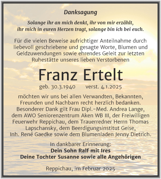 Traueranzeige von Franz Ertelt von Trauerkombi Köthen