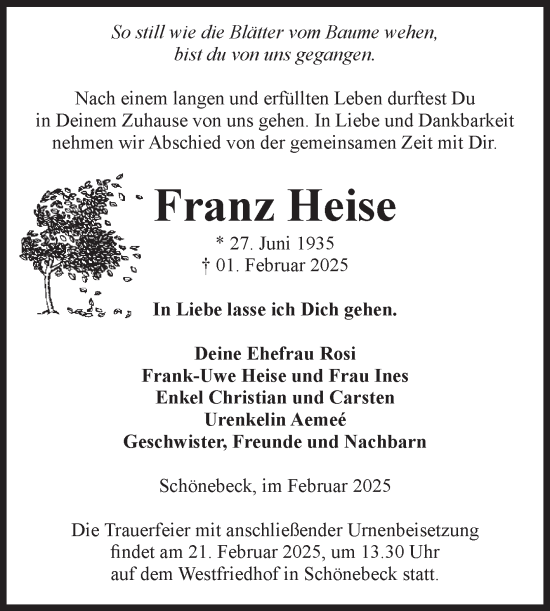 Traueranzeige von Franz Heise von Volksstimme Schönebeck
