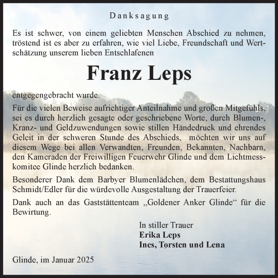 Traueranzeige von Franz Leps von Volksstimme Schönebeck