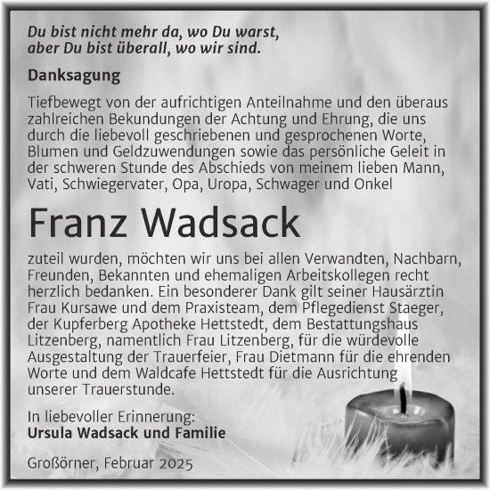 Traueranzeige von Franz Wadsack von Trauerkombi Mansfelder Land
