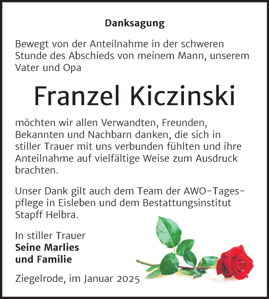 Traueranzeige von Franzel Kiczinski von Mitteldeutsche Zeitung Mansfelder Land