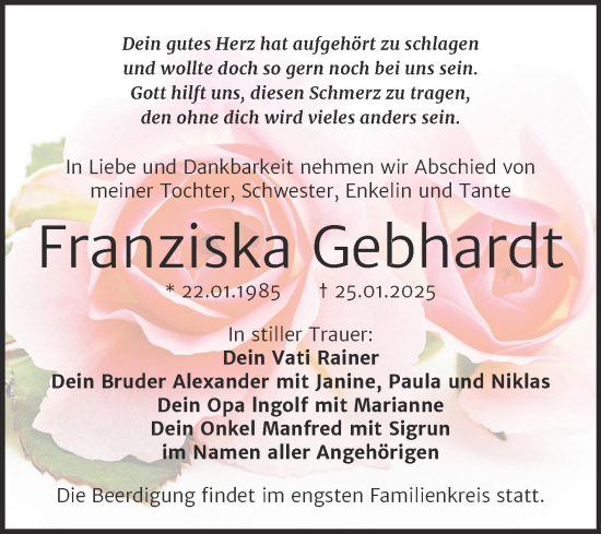 Traueranzeige von Franziska Gebhardt von Trauerkombi Weißenfels