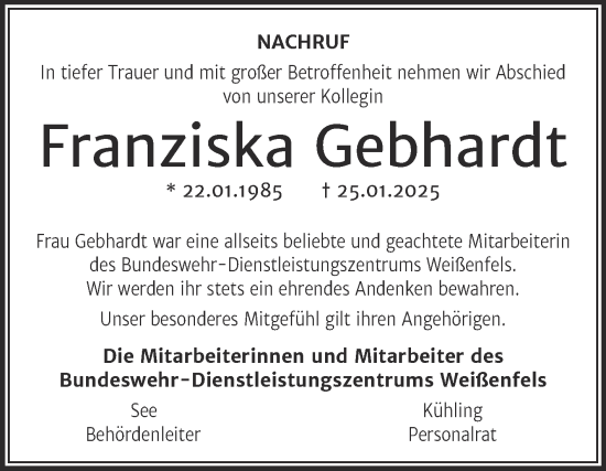 Traueranzeige von Franziska Gebhardt von Mitteldeutsche Zeitung Weißenfels