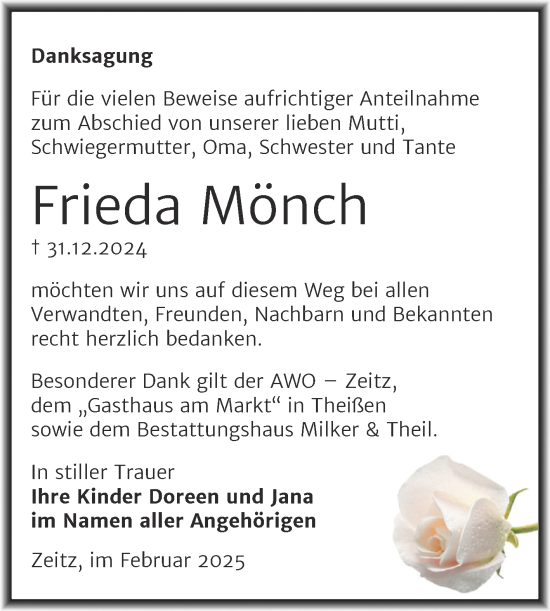 Traueranzeige von Frieda Mönch von Trauerkombi Zeitz