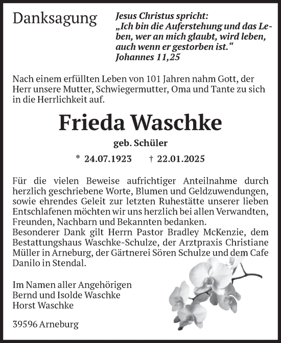 Traueranzeige von Frieda Waschke von Volksstimme Altmark Ost