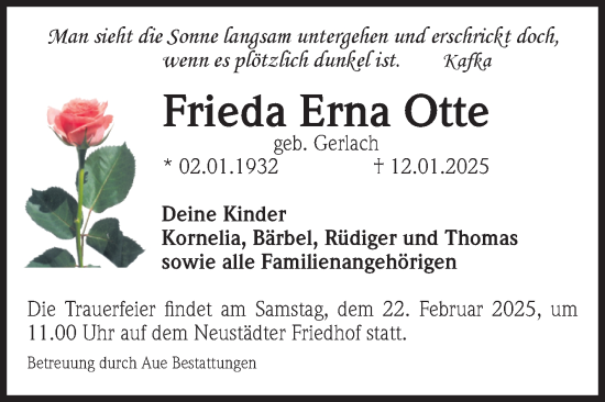 Traueranzeige von Frieda Erna Otte von Volksstimme Magdeburg