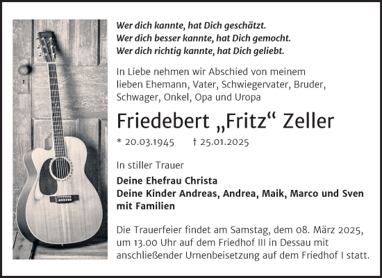 Traueranzeige von Friedebert Zeller von Trauerkombi Dessau