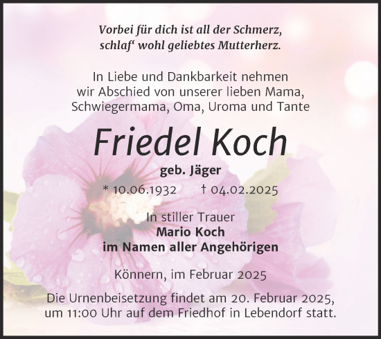 Traueranzeige von Friedel Koch von Trauerkombi Bernburg