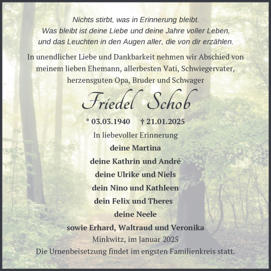 Traueranzeige von Friedel Schob von Trauerkombi Zeitz