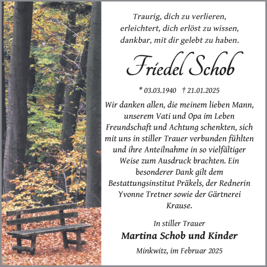 Traueranzeige von Friedel Schob von Trauerkombi Zeitz