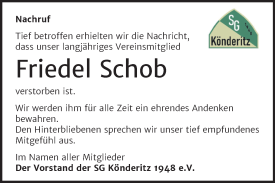 Traueranzeige von Friedel Schob von Trauerkombi Zeitz