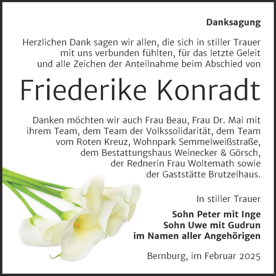 Traueranzeige von Friederike Konradt von Trauerkombi Bernburg