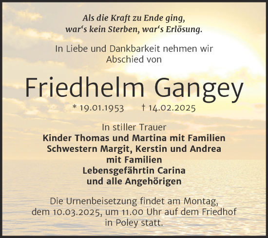 Traueranzeige von Friedhelm Gangey von Trauerkombi Bernburg